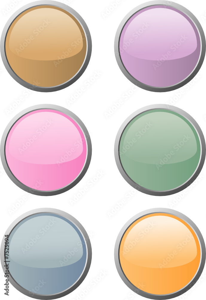 Sechs glänzende runde Website-Buttons in weichen Farben Sechs glänzende runde Website-Buttons in weichen Farben