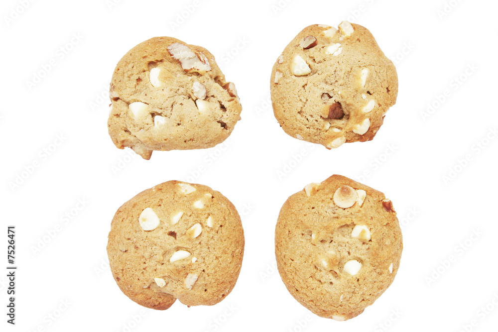 Four Cookie Biscuits With White Chocolate And Nuts Four Cookie Biscuits With White Chocolate And Nuts
