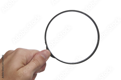 Hand And Magnifying Glass Over White Background