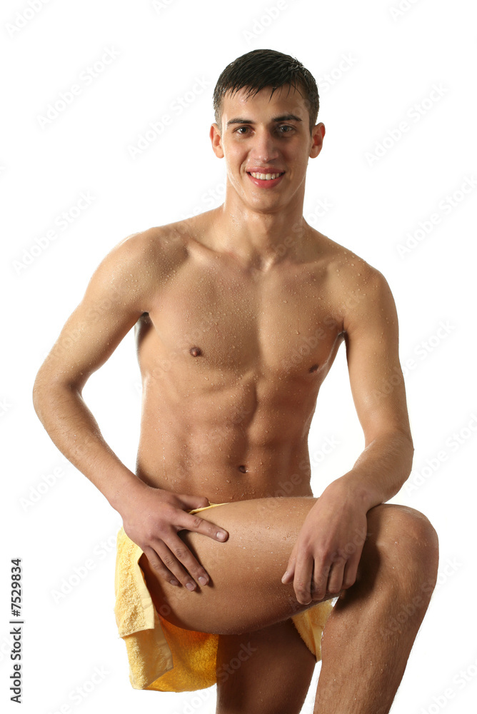 Wet Muscular Man Wrapped in Towel