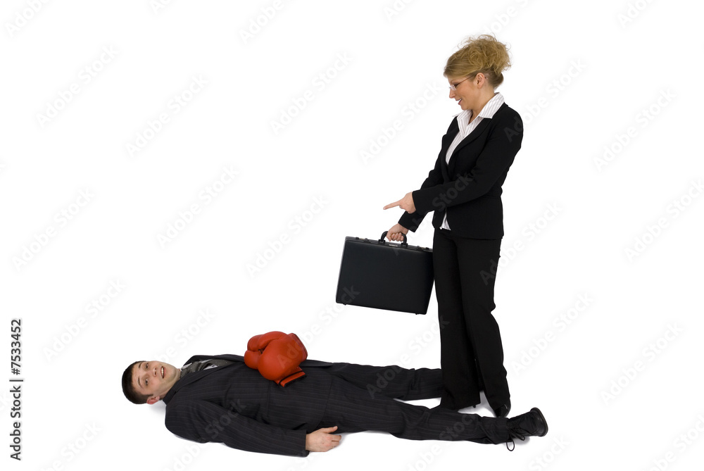 Businesswoman and businessman boxes around the suitcase. Businesswoman and businessman boxes around the suitcase.