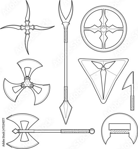 collection of exotic vector weapon and shield line art