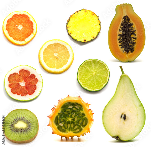 slice exotic fruits on white background