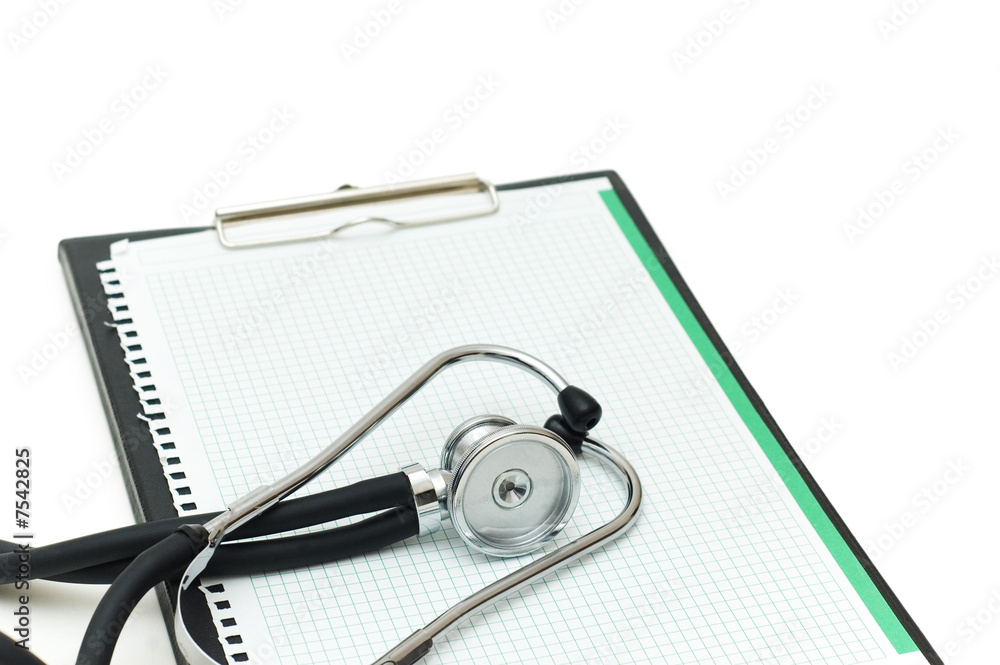 Stethoscope on the binder isolated on white Stethoscope on the binder isolated on white