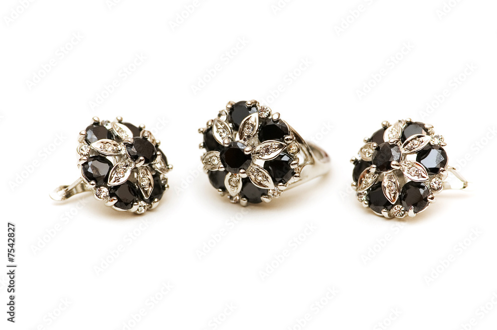 Earrings with black and silver stones isolated on white