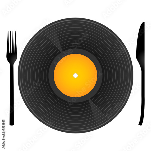 Conceptual. Music and food with vinyl record, knife and fork