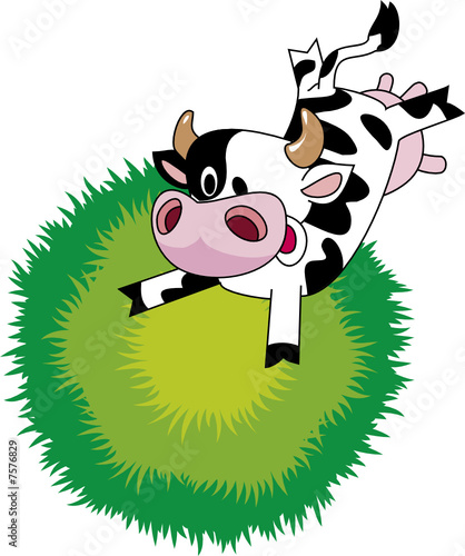 Jumping cow on the meadow. Funny cartoon.