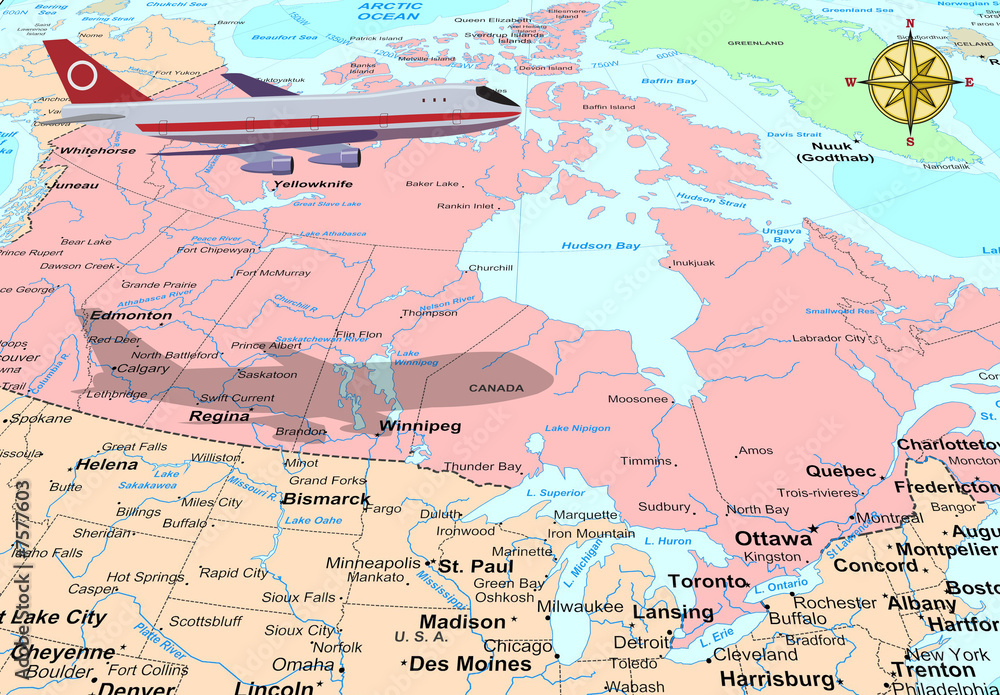 Naklejka Ilustracja koncepcyjna podróży: samolot lecący nad mapą Kanady