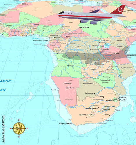 Travel conceptual illustration  a plane flying over Africa map