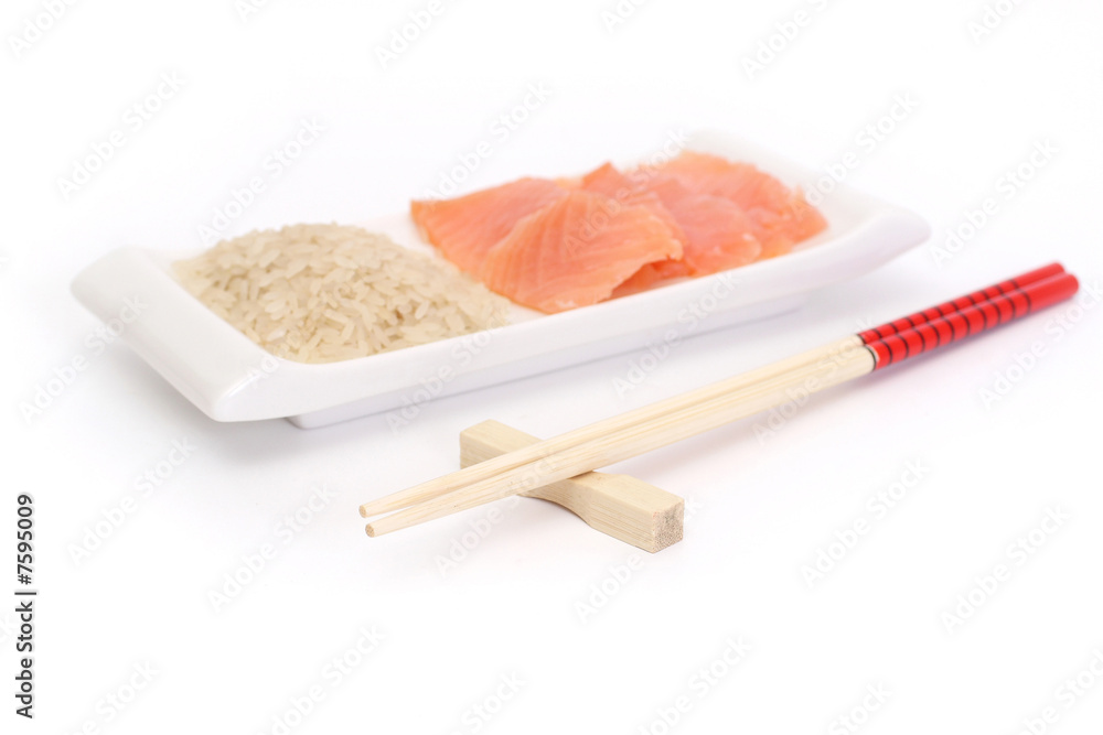 Chinese chopsticks with rice and fish