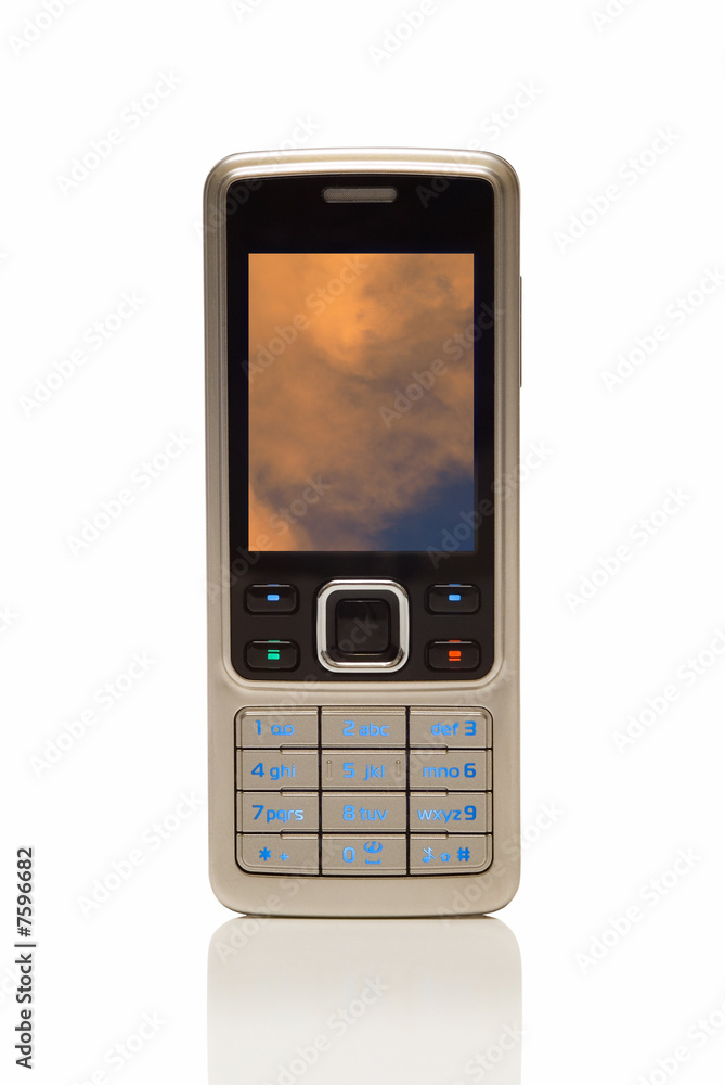 Cellphone with environmental orange cloud on screen Cellphone with environmental orange cloud on screen