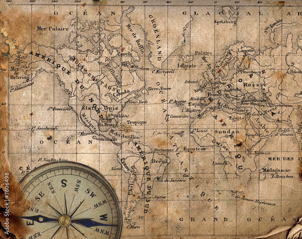 Ancient map of the world. Compass  