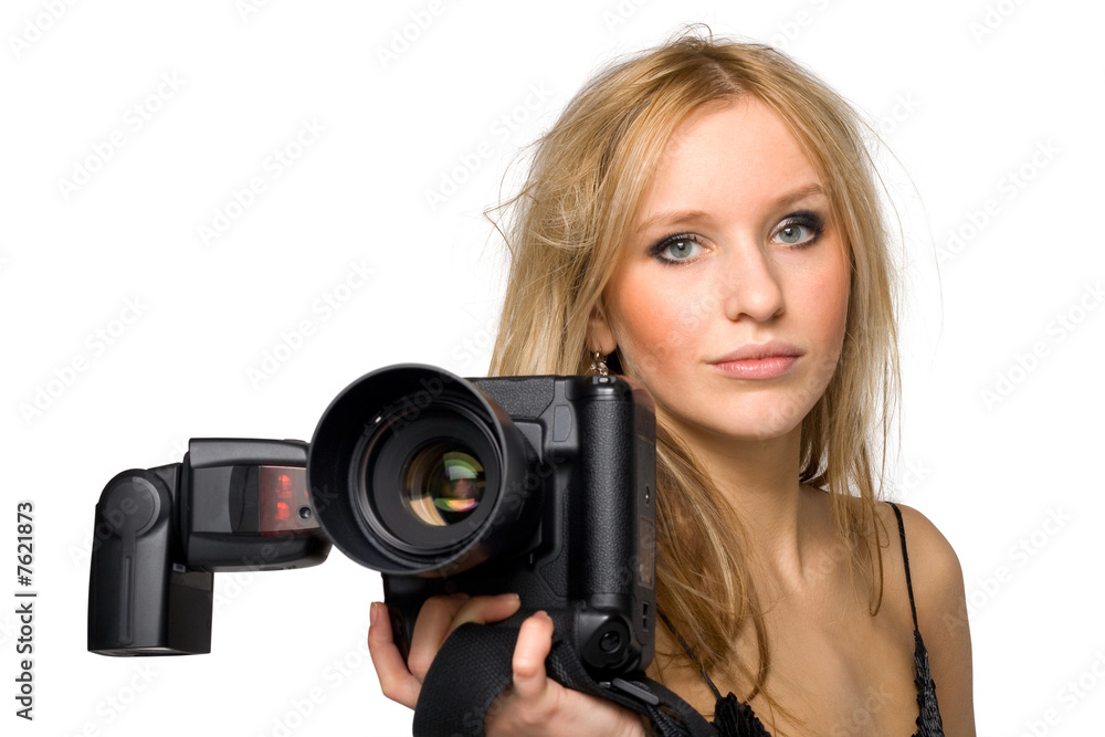 Portrait of a beautiful young blond female with camera Portrait of a beautiful young blond female with camera