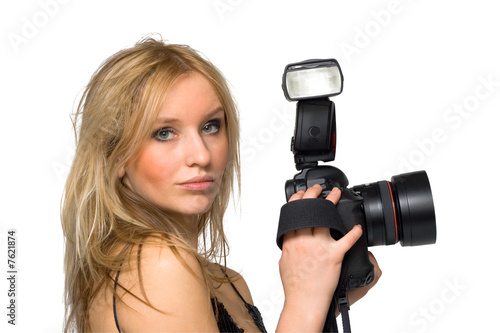 Portrait of a beautiful young blond female with camera