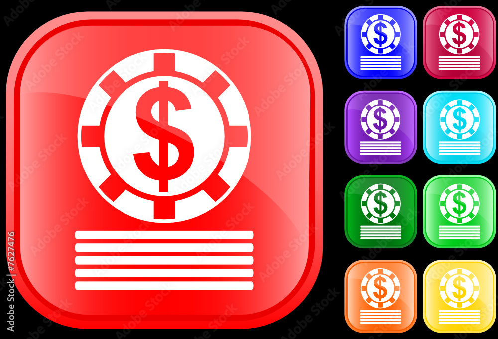 Icon of casino chips on shiny square buttons Icon of casino chips on shiny square buttons