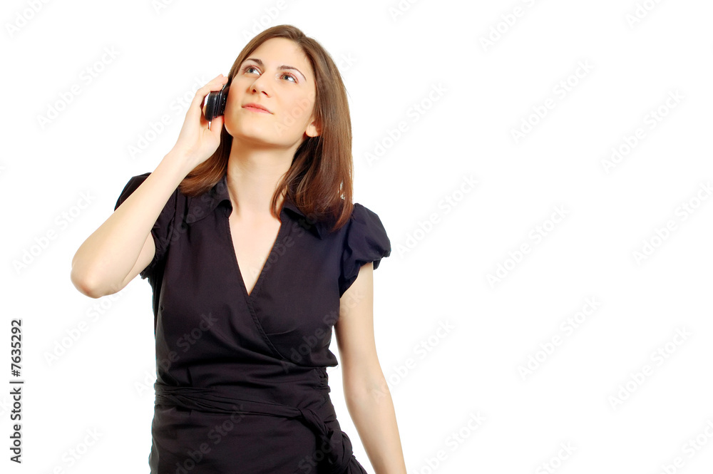 chic young woman in black dress on the phone chic young woman in black dress on the phone