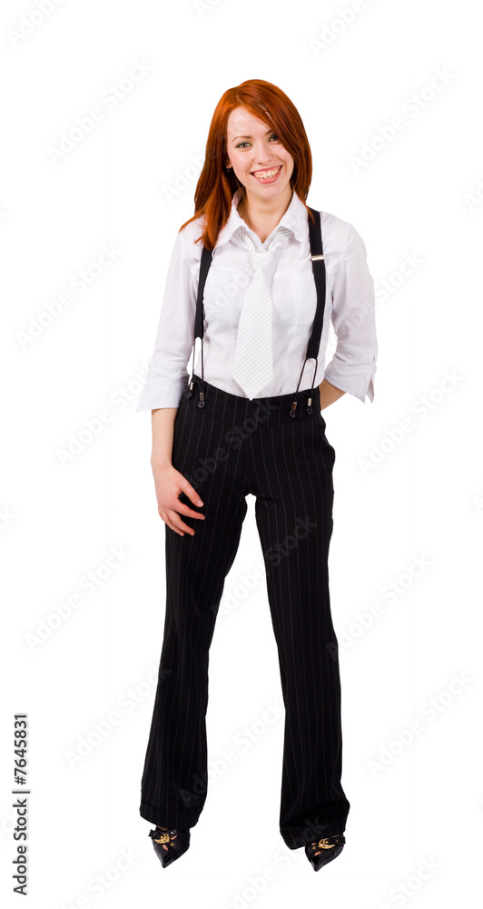 laughinng woman in male looking suit over white laughinng woman in male looking suit over white