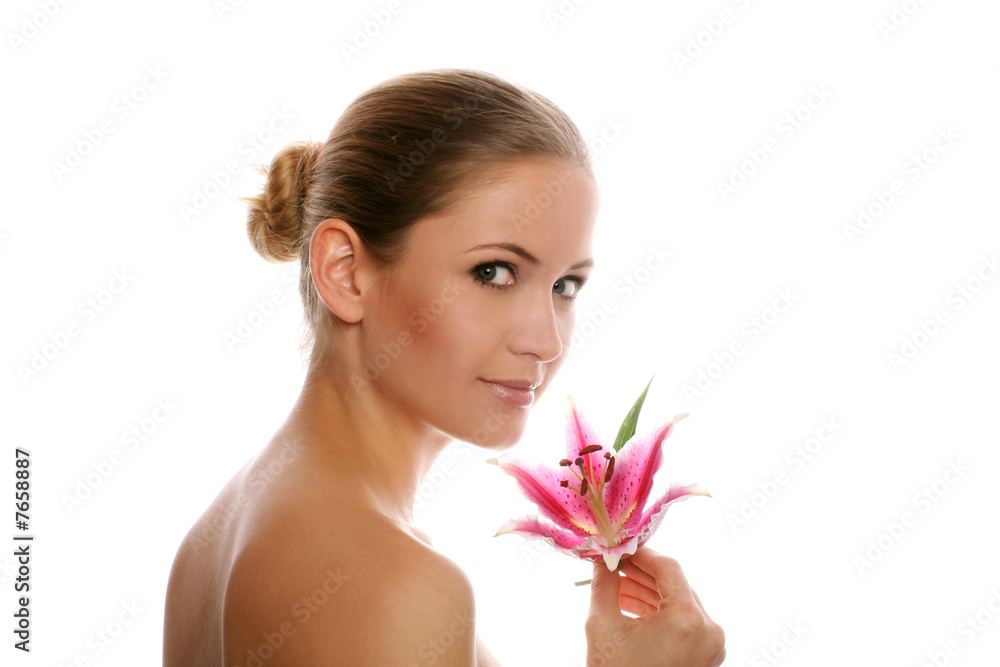 beauty portrait of a beautiful young woman with a lily flower beauty portrait of a beautiful young woman with a lily flower