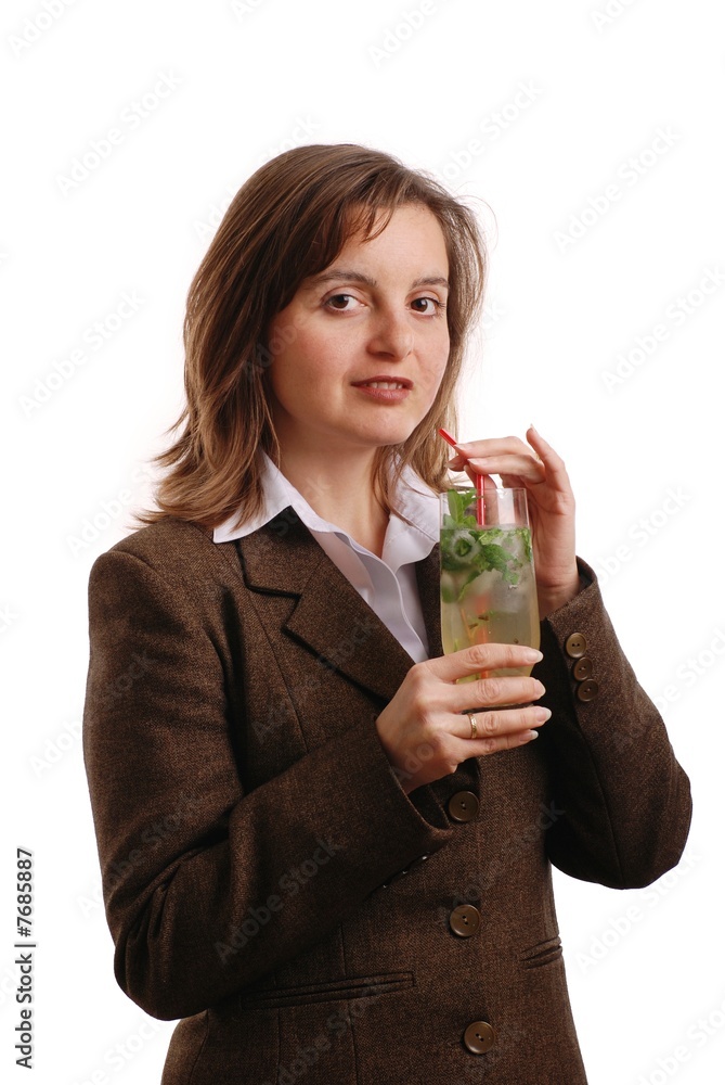 Isolated business woman drinking mojito Isolated business woman drinking mojito