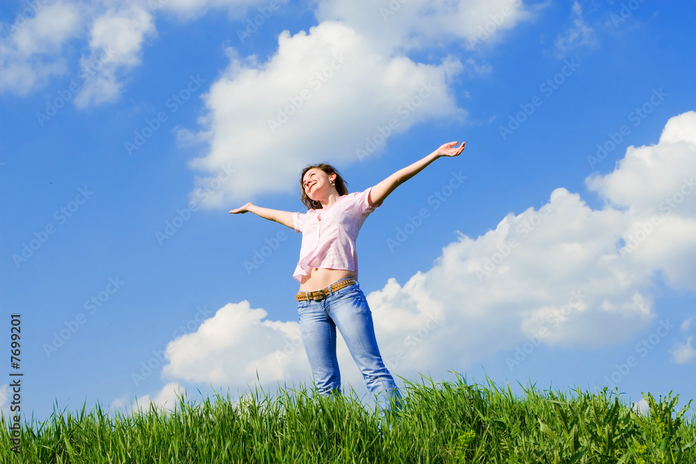 happy young woman dreams to fly on winds happy young woman dreams to fly on winds