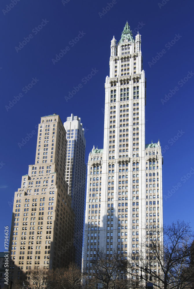 Two historic skyscrapers in New York city with blue sky