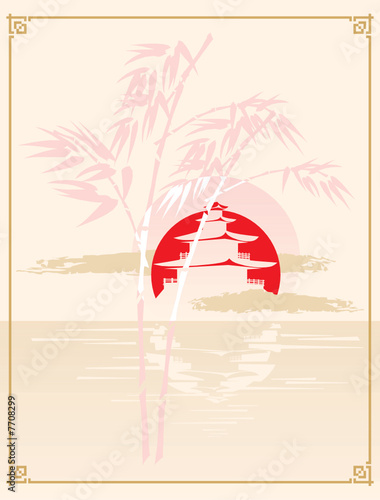 Background in japanese style with bamboo and pagoda