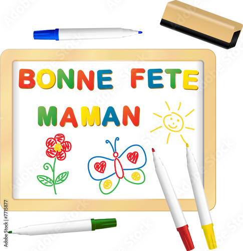 dessin d'enfant sur ardoise blanche pour fête des mères
