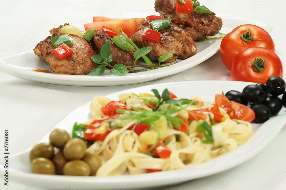 Chicken  meat with spaghetti and vegetable
