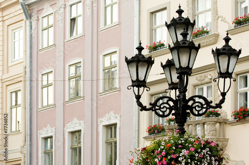 Street lamps with hanging flower basket in Lvov  Ukraine