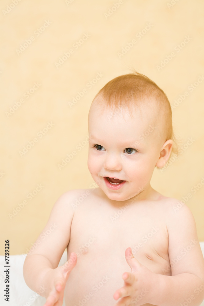 Enjoying baby stand on bed and clap hands Enjoying baby stand on bed and clap hands