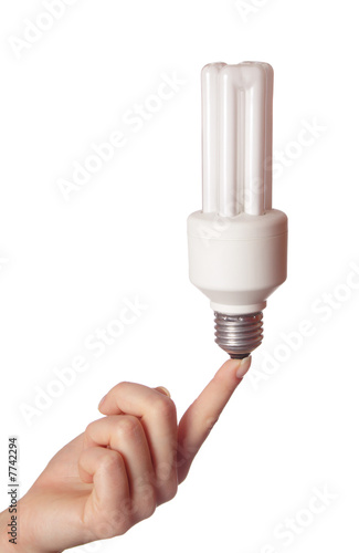 Fluorescent light bulb on female hand.Isolated on white.