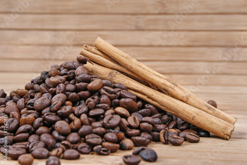 Cinnamon sticks and coffee beans