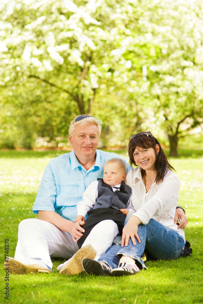 Happy family sitting on a meadow in park