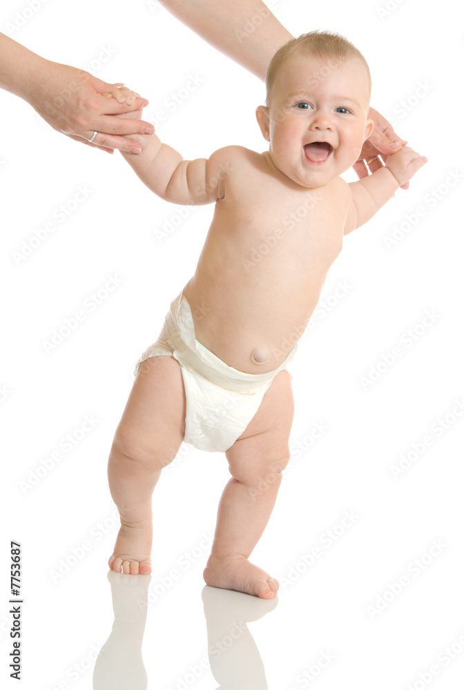 First steps of small baby isolated First steps of small baby isolated