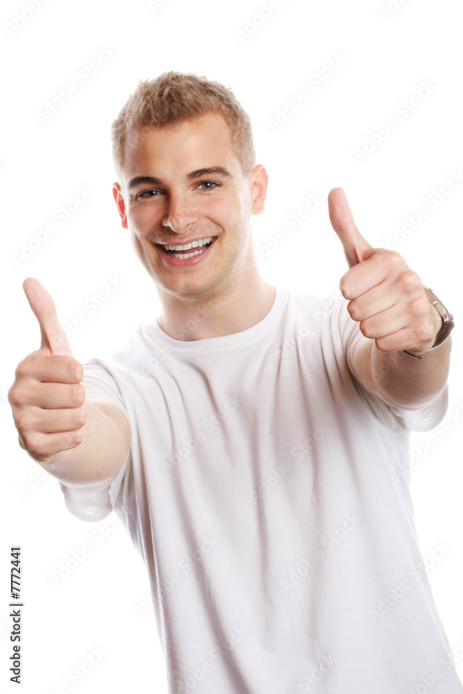 isolated portrait of a strong happy man with thumbs up