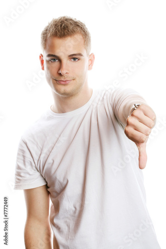 isolated portrait of a unsuccessful man with thumb down