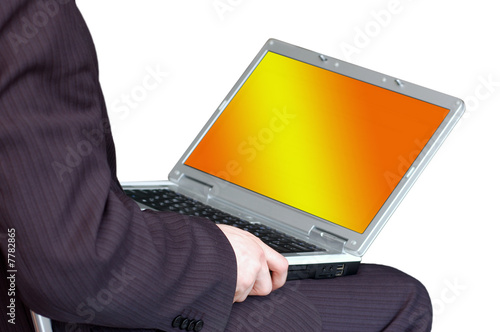 man working with portable computer as universal concept for many