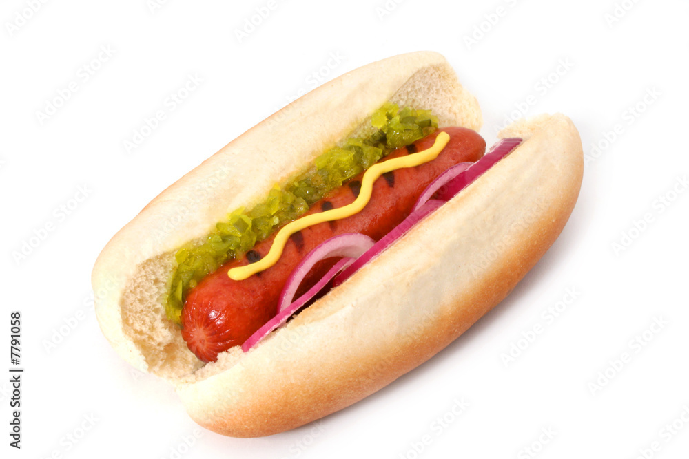 Delicious Grilled Hot Dog with mustard, sweet relish and onions Delicious Grilled Hot Dog with mustard, sweet relish and onions
