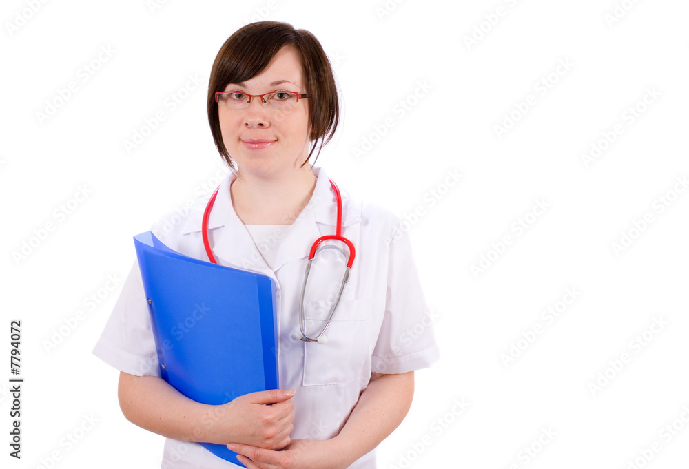 young female doctor holds blue folder with files, patient record young female doctor holds blue folder with files, patient record