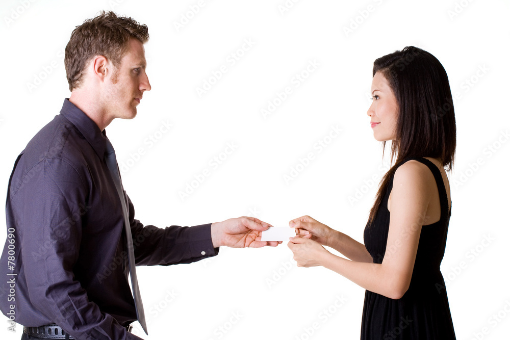 businessman exchanging name cards with woman businessman exchanging name cards with woman