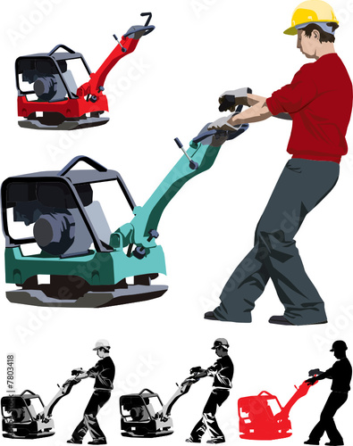 Construction worker working with compactor vector illustration