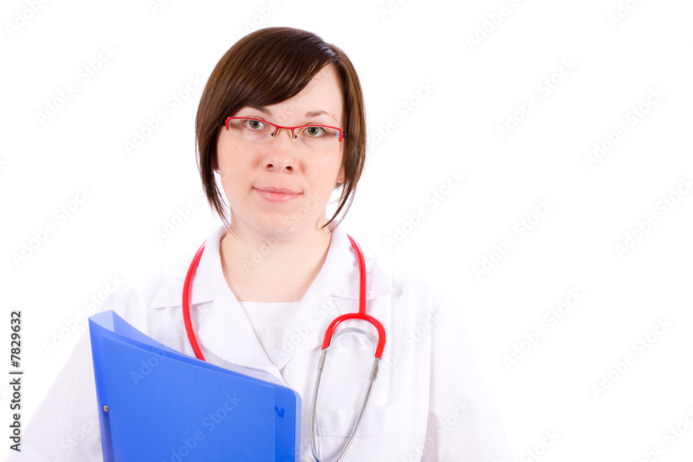 young female doctor holds blue folder with files young female doctor holds blue folder with files