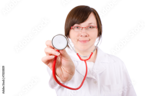 female doctor with red stethoscope  isolated