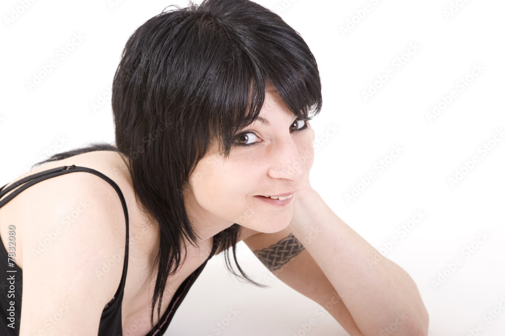 A young lady with a computer on white background. A young lady with a computer on white background.