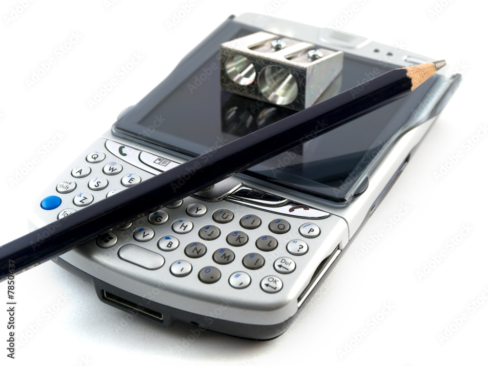 Mobile Phones Pens and Pencils on White Background Mobile Phones Pens and Pencils on White Background
