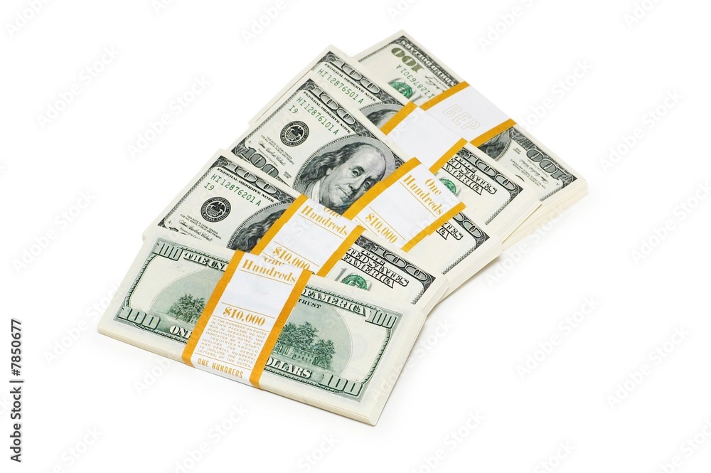 Ten thousand dollar stacks on the white Ten thousand dollar stacks on the white