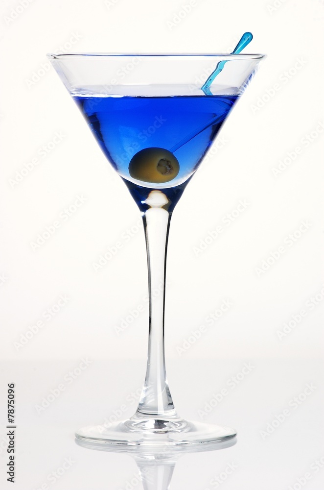  Blue cocktail with an olive