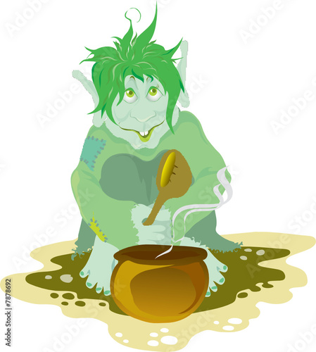 troll eating food from the pot with big spoon