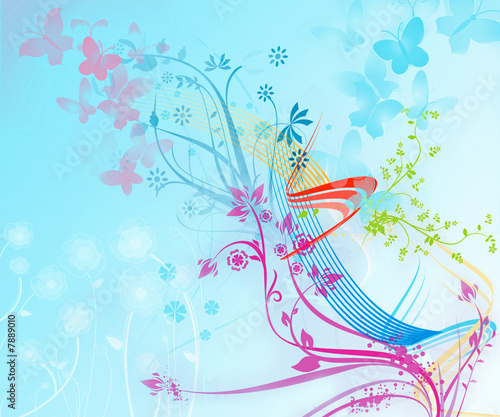 abstract floral blue baground with butterfly