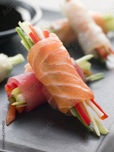 Sashimi and Vegetable Rolls with Soy Sauce